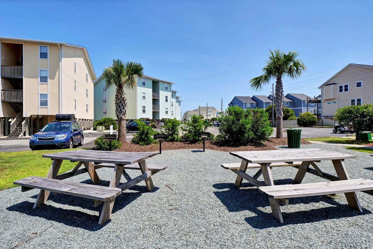 A relaxed outdoor setting features picnic tables shaded by palm trees, set in a landscaped area ideal for group gatherings. The space feels inviting for barbecues, picnics, and community events, embodying the spirit of family cookouts described in the section.